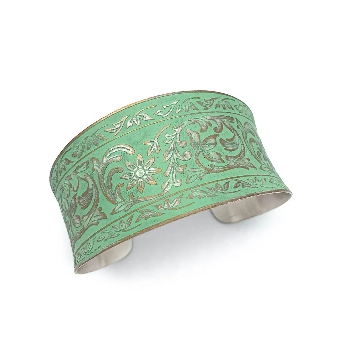 Mint Flowers and Leaves Silver Patina Cuff Bracelet