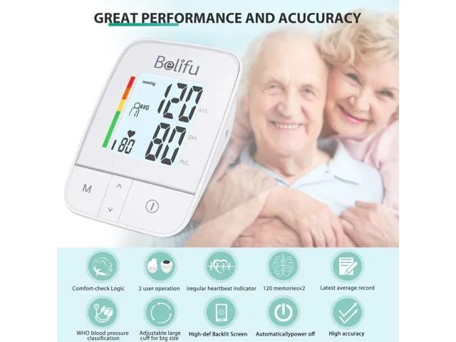 New in box! Belifu Blood Pressure Monitor Upper Arm, Digital Automatic Bp Machine & Pulse Rate Monitoring Meter with Cuff 22-44cm, 2x120 Memory, Large LCD - Device Bag & Batteries Included
