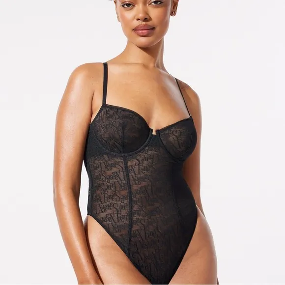 NEW SAVAGE X FENTY SIGNATURE SCRIPT UNDERWIRE TEDDY BLACK CAVIAR size Large NWT
