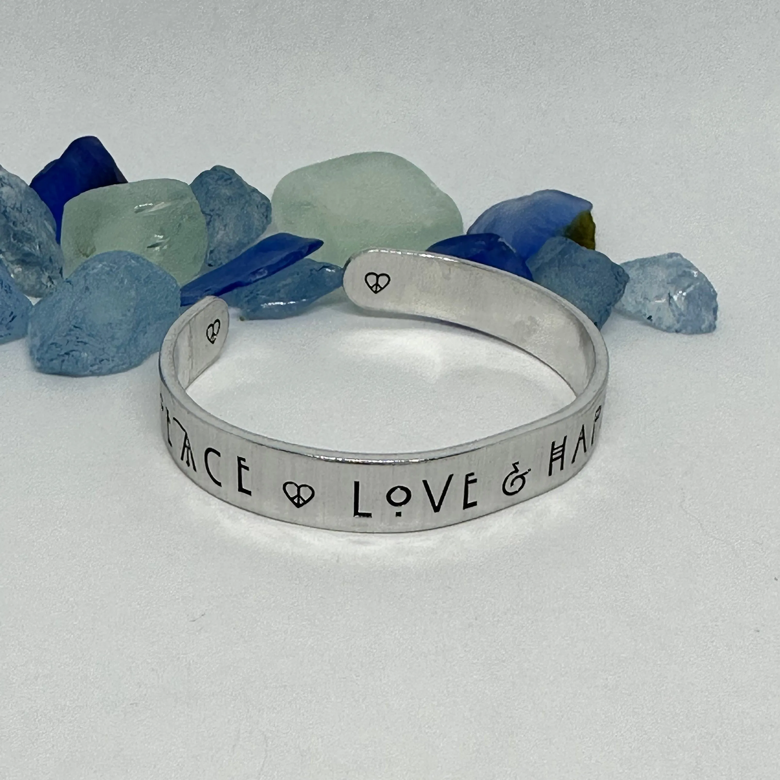 Peace Love & Happiness - Hand Stamped Cuff Bracelet