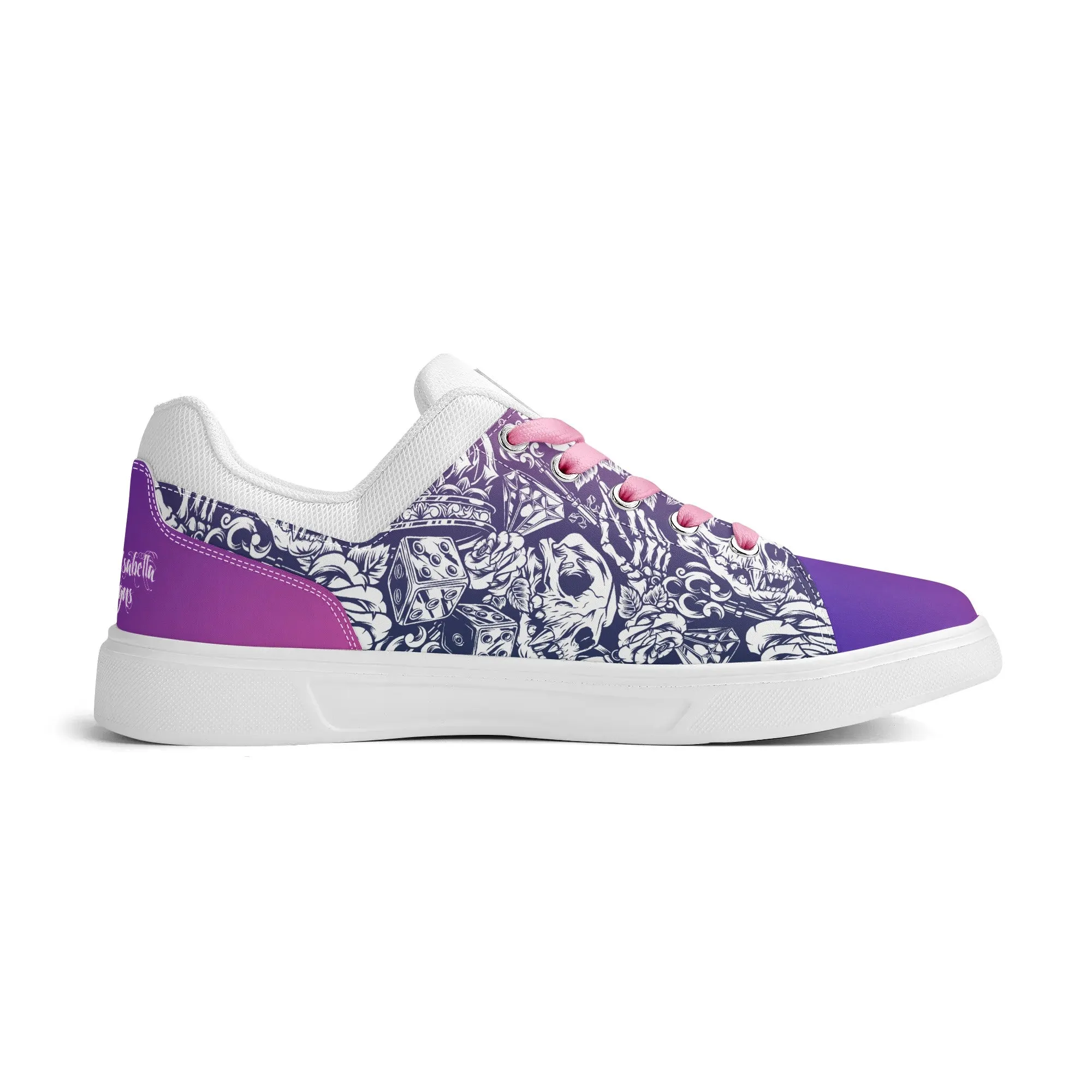 Pink to Purple Color Gradient Skull and Dice Tattoo Pattern and White Low Top Skateboard Shoes With Logo