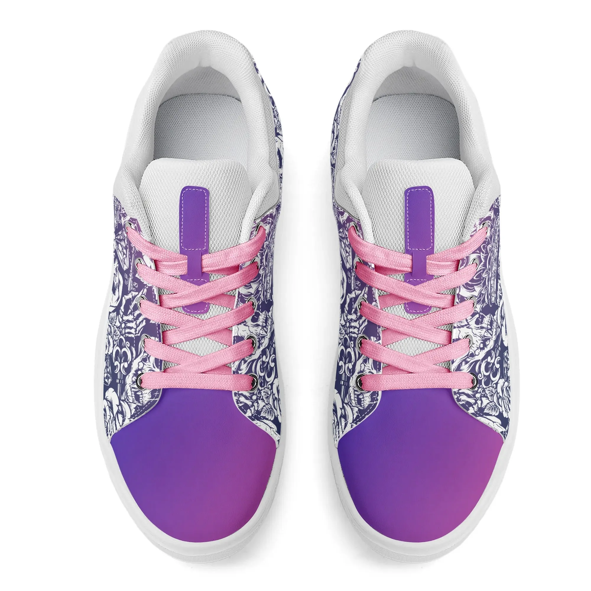 Pink to Purple Color Gradient Skull and Dice Tattoo Pattern and White Low Top Skateboard Shoes With Logo