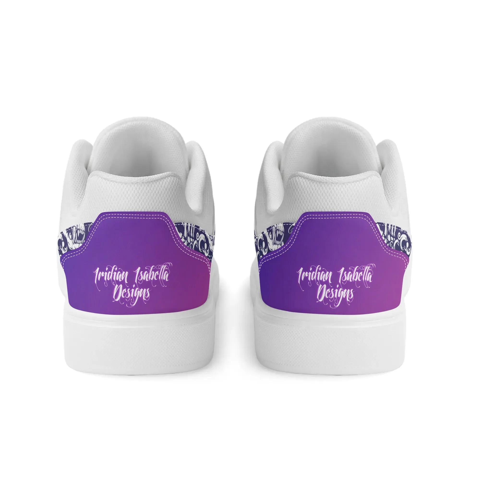 Pink to Purple Color Gradient Skull and Dice Tattoo Pattern and White Low Top Skateboard Shoes With Logo