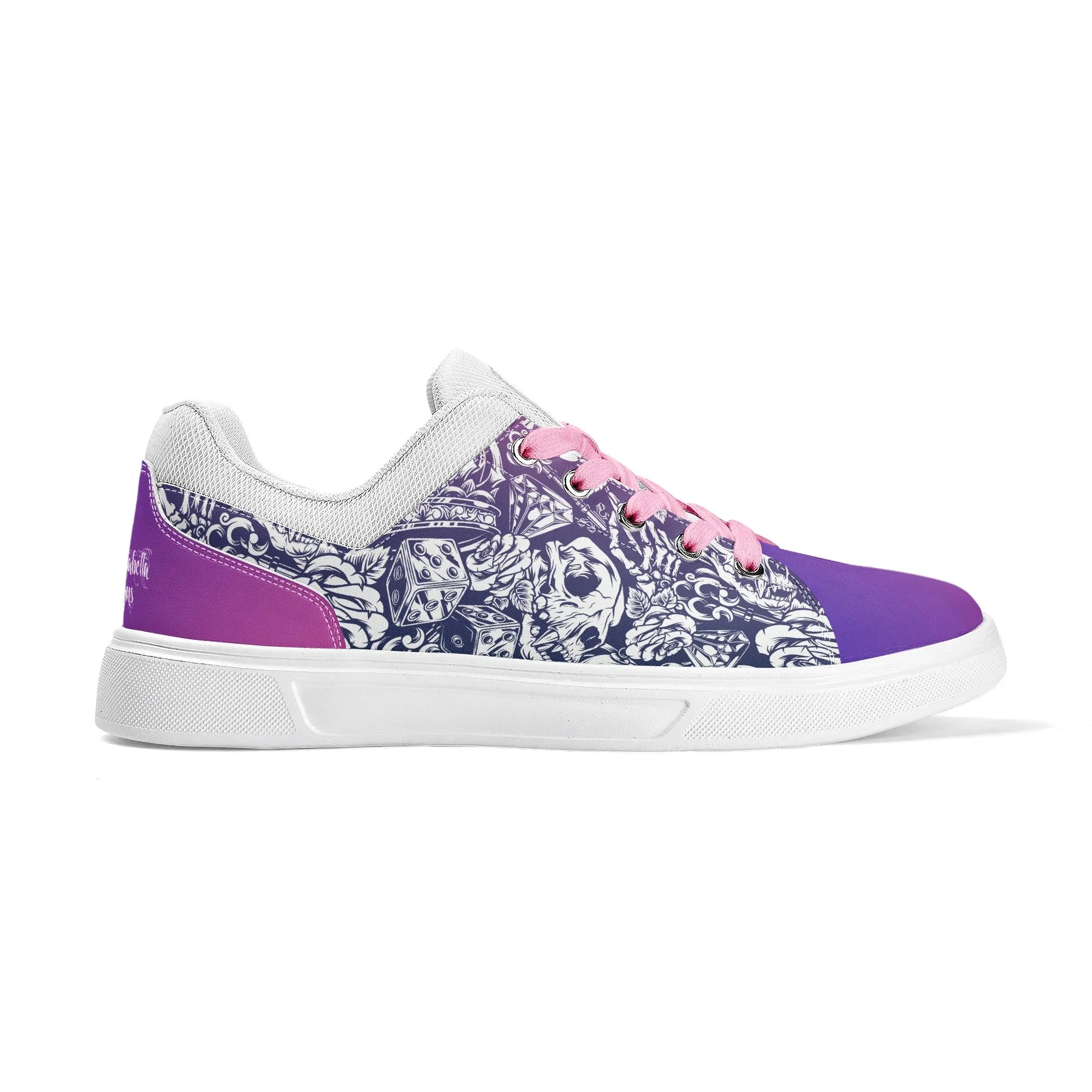 Pink to Purple Color Gradient Skull and Dice Tattoo Pattern and White Low Top Skateboard Shoes With Logo