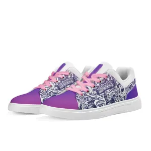 Pink to Purple Color Gradient Skull and Dice Tattoo Pattern and White Low Top Skateboard Shoes With Logo