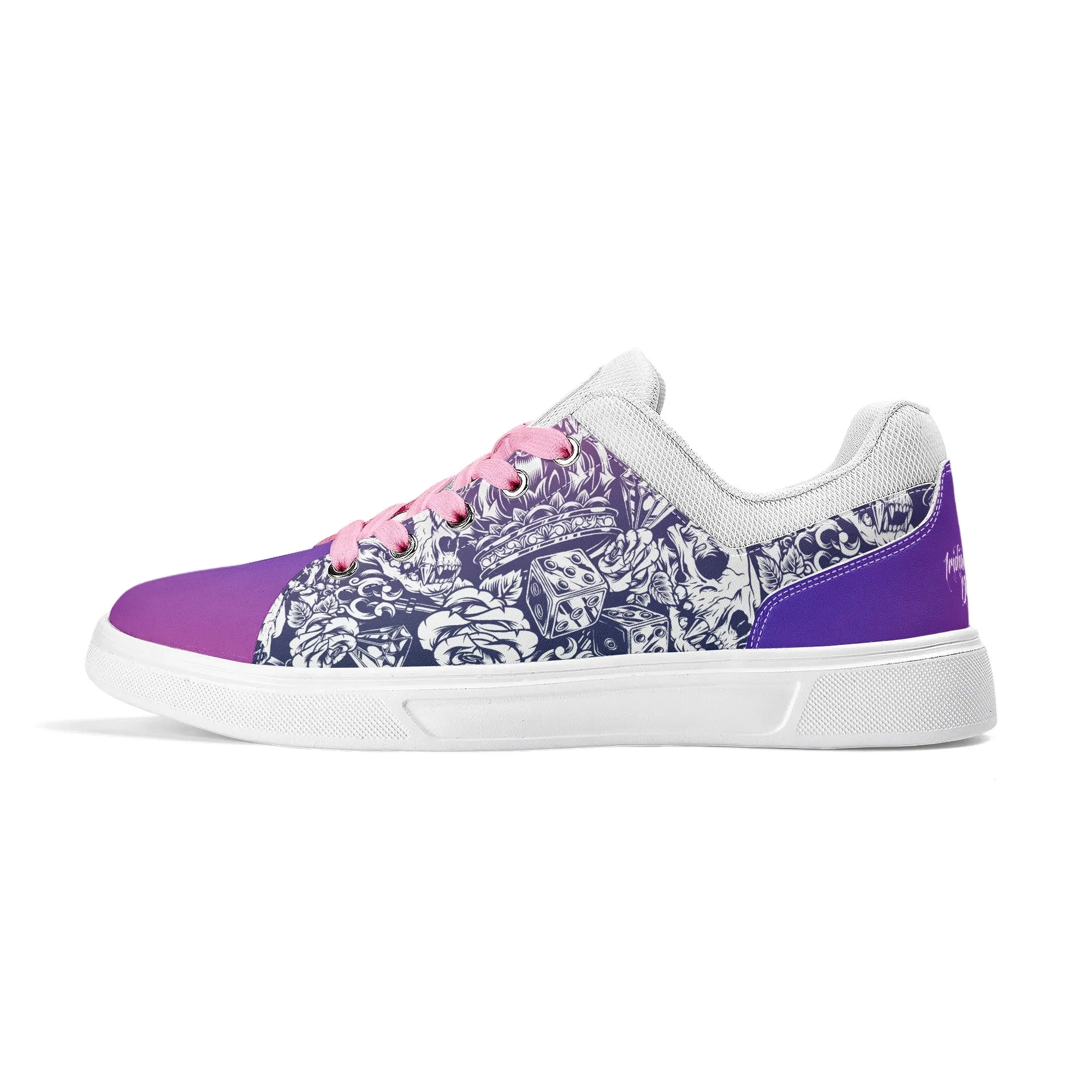 Pink to Purple Color Gradient Skull and Dice Tattoo Pattern and White Low Top Skateboard Shoes With Logo