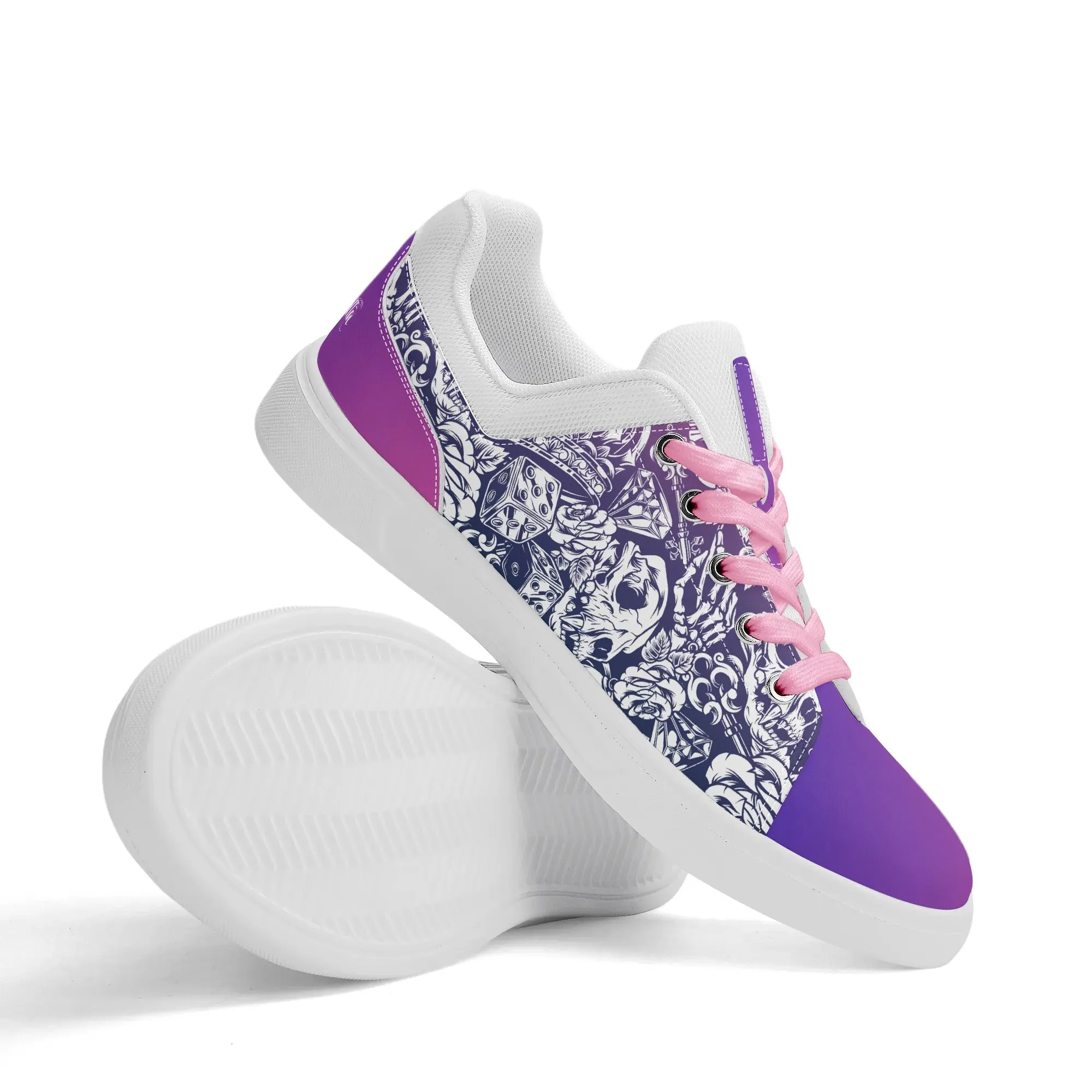 Pink to Purple Color Gradient Skull and Dice Tattoo Pattern and White Low Top Skateboard Shoes With Logo
