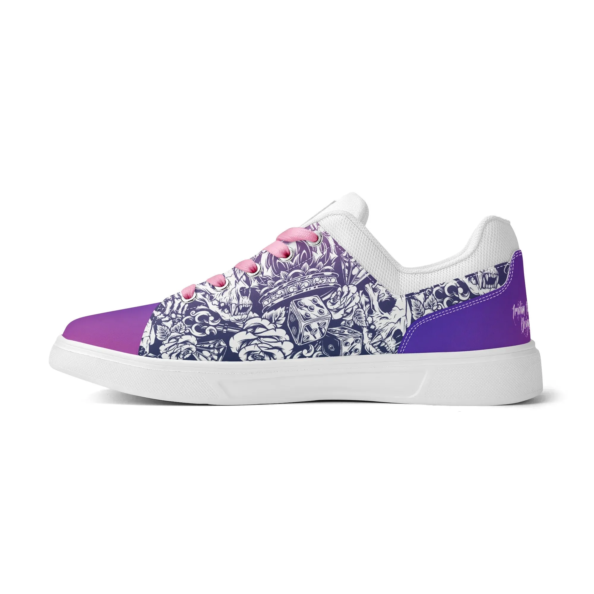 Pink to Purple Color Gradient Skull and Dice Tattoo Pattern and White Low Top Skateboard Shoes With Logo