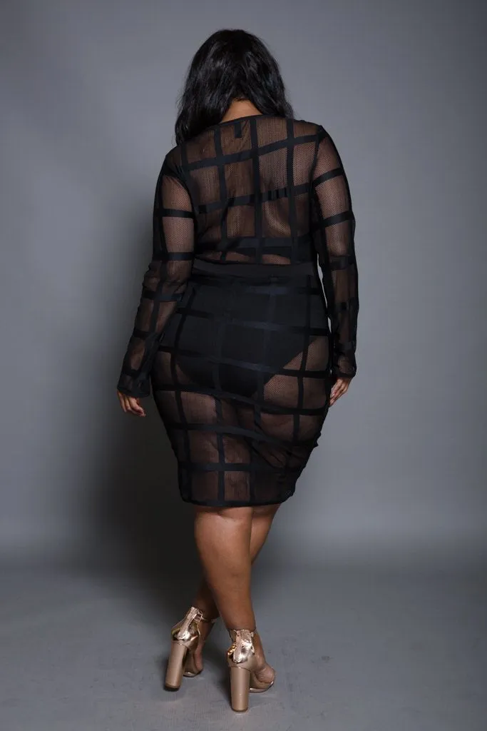 Plus Size Grid Pattern Mesh Mini Dress