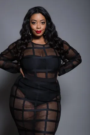 Plus Size Grid Pattern Mesh Mini Dress