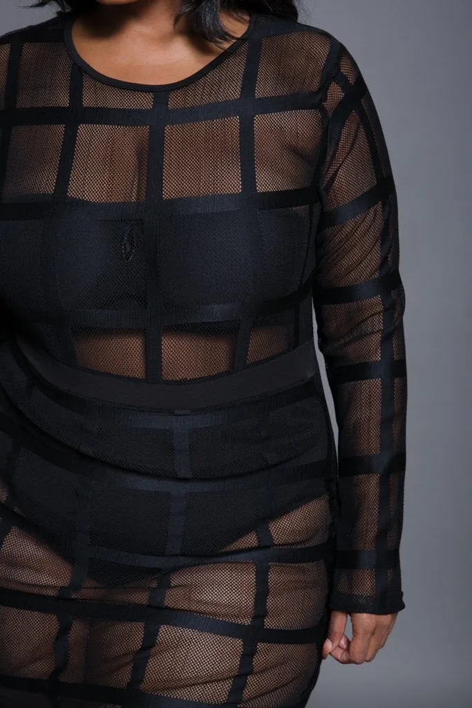 Plus Size Grid Pattern Mesh Mini Dress