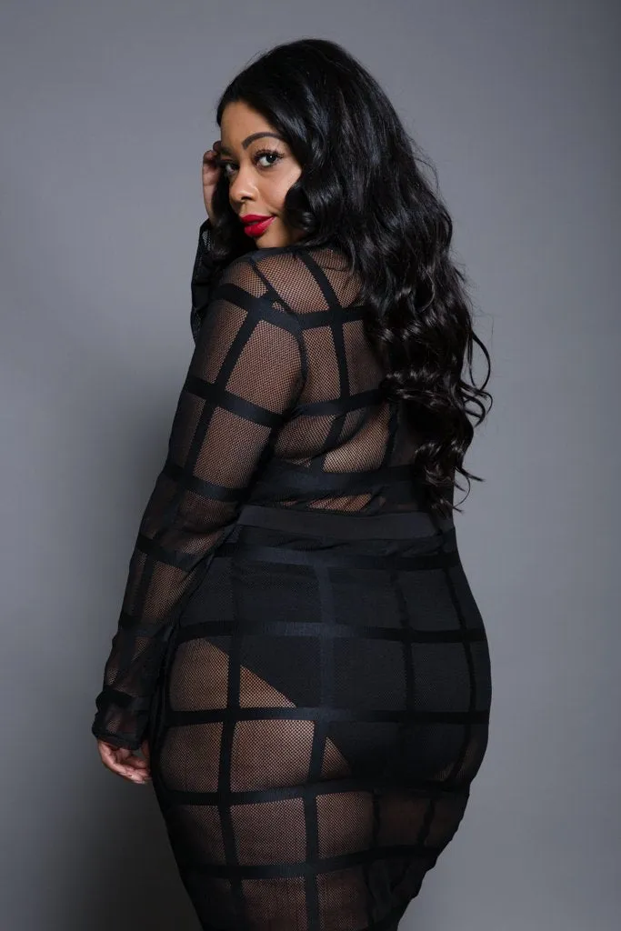 Plus Size Grid Pattern Mesh Mini Dress