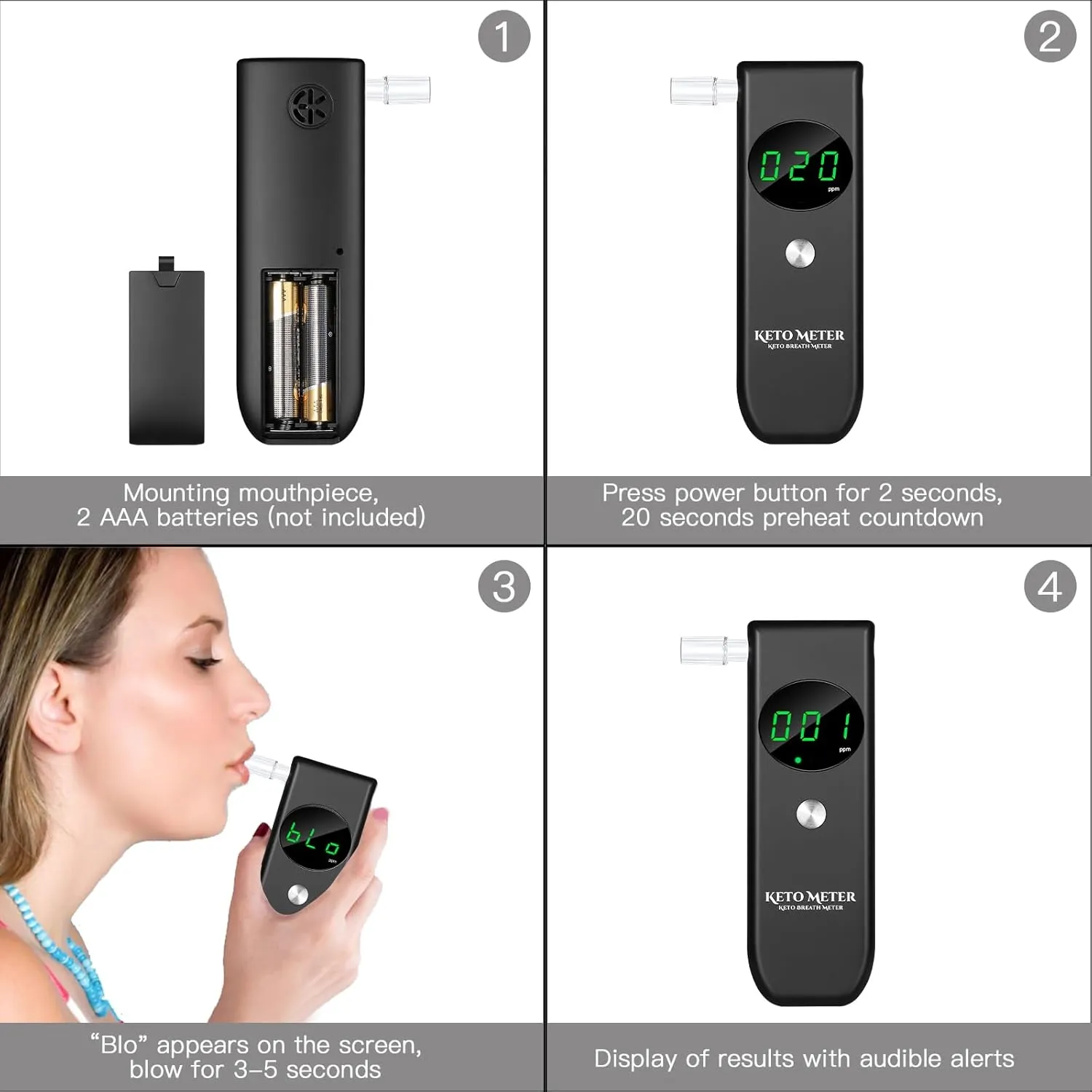 PPortable Ketone Breath Tester for Ketosis Testing with 10 Replaceable Mouthpieces