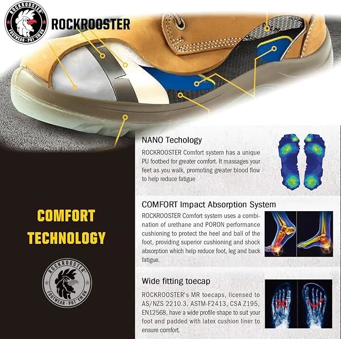 ROCKROOSTER Men's Work Boots - Steel Toe, 8 Inch Safety Leather, Slip Resistant, Static Dissipative, Breathable &amp; Anti-Fatigue Industrial Boot AK232