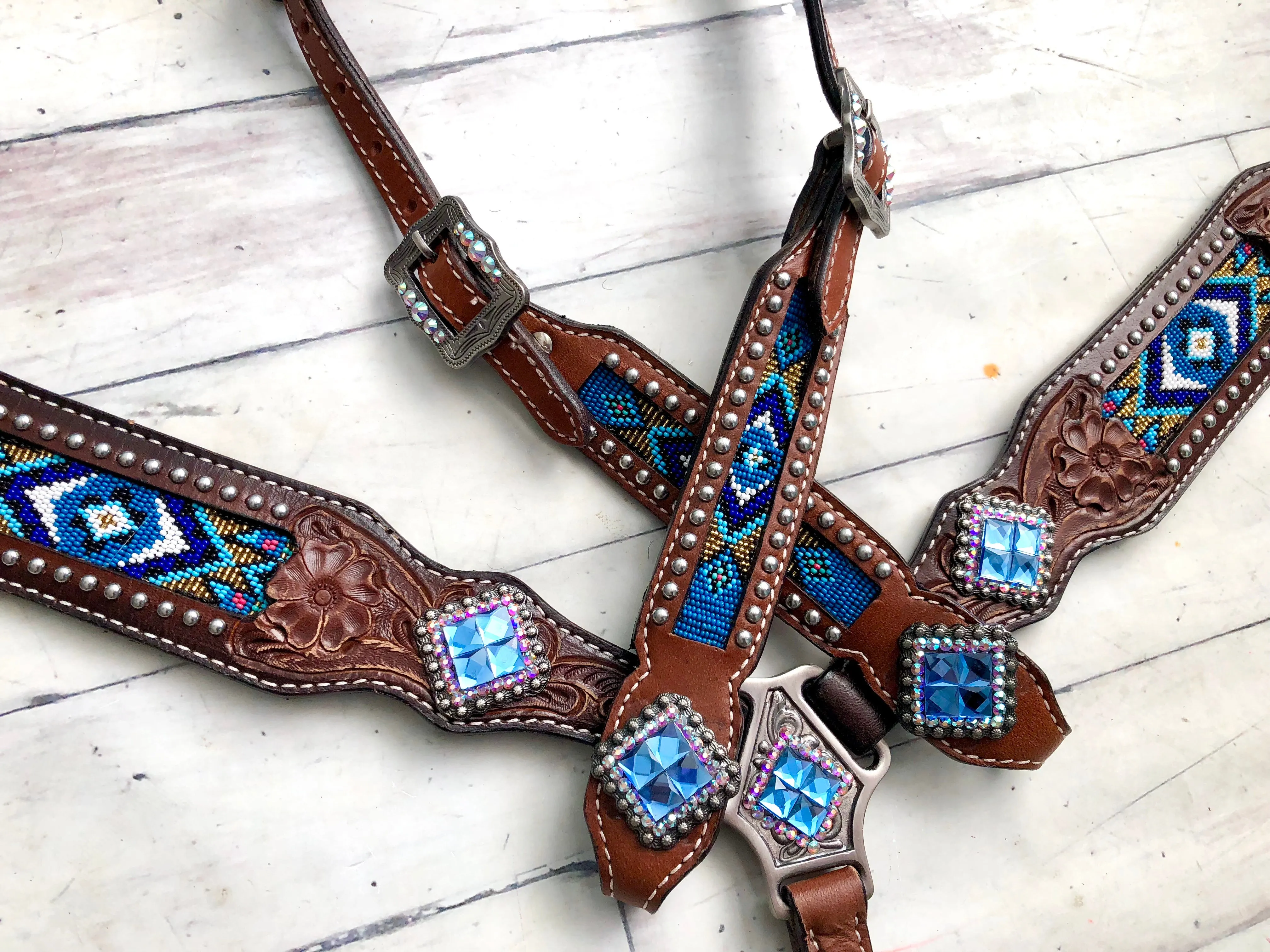 Royal Blue Beaded Inlay Crystal Concho Set