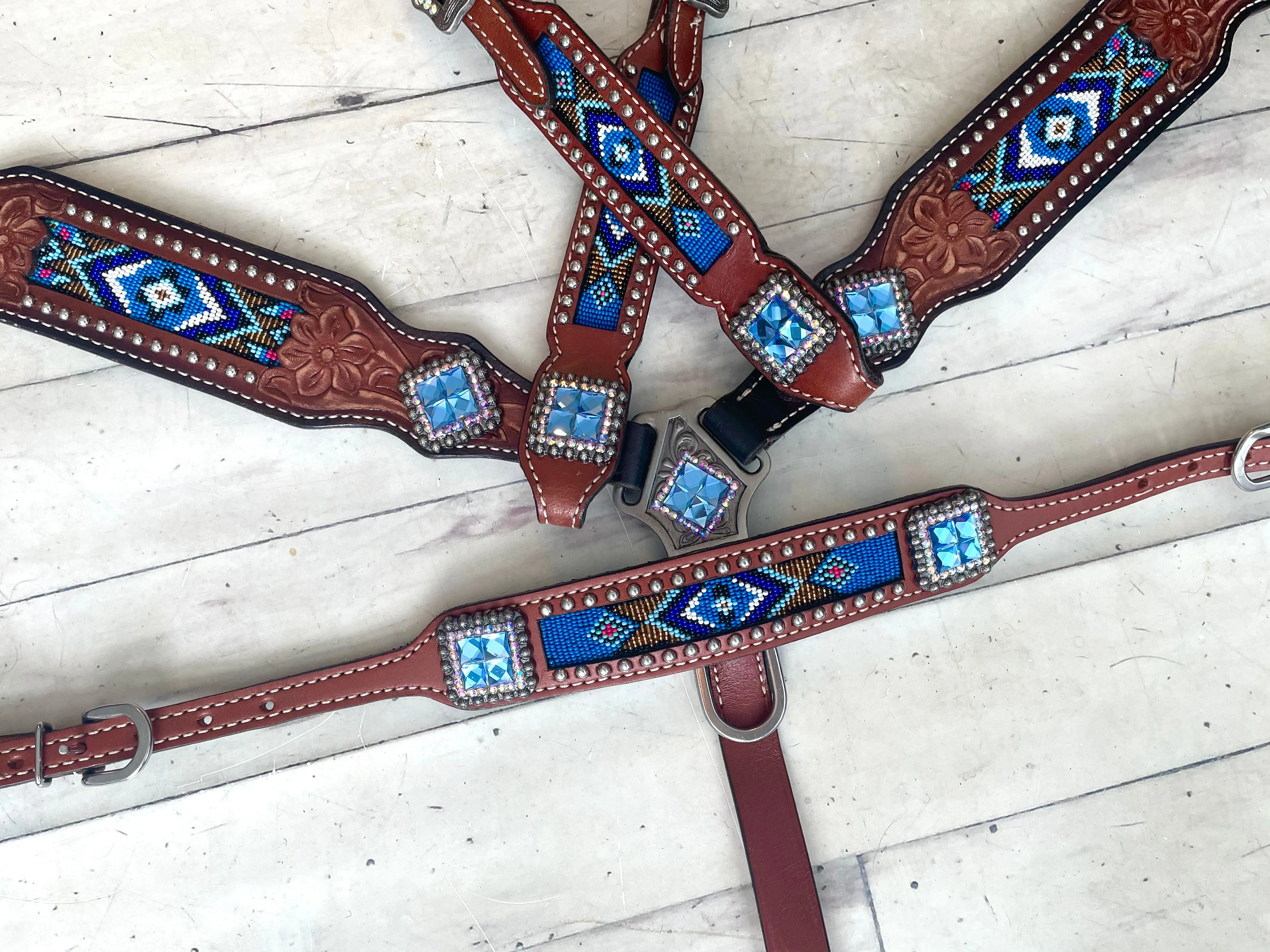 Royal Blue Beaded Inlay Crystal Concho Set