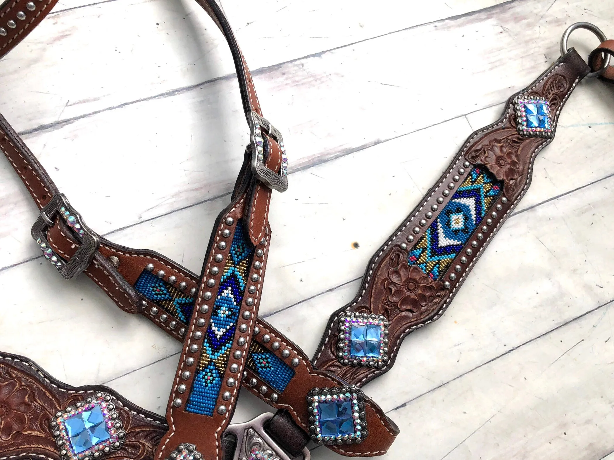 Royal Blue Beaded Inlay Crystal Concho Set