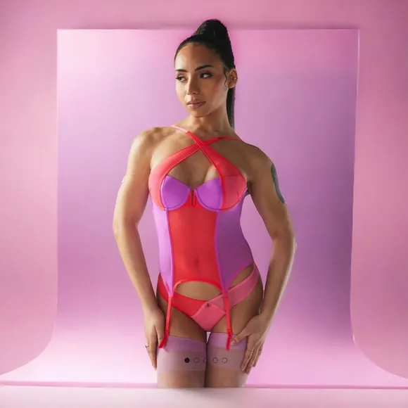 SAVAGE X FENTY I DARE HUE MESH BUSTIER RED PINK COMBO SIZE LARGE