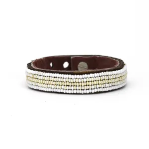 Swahili Coast - Small Pearl and White Stripe Leather Cuff