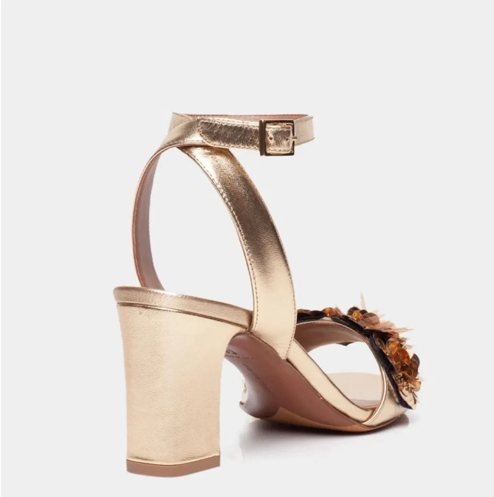 Tabitha Simmons Lilian Gold Metallic Nappa Block Heel Sandal