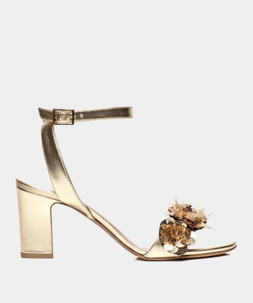 Tabitha Simmons Lilian Gold Metallic Nappa Block Heel Sandal