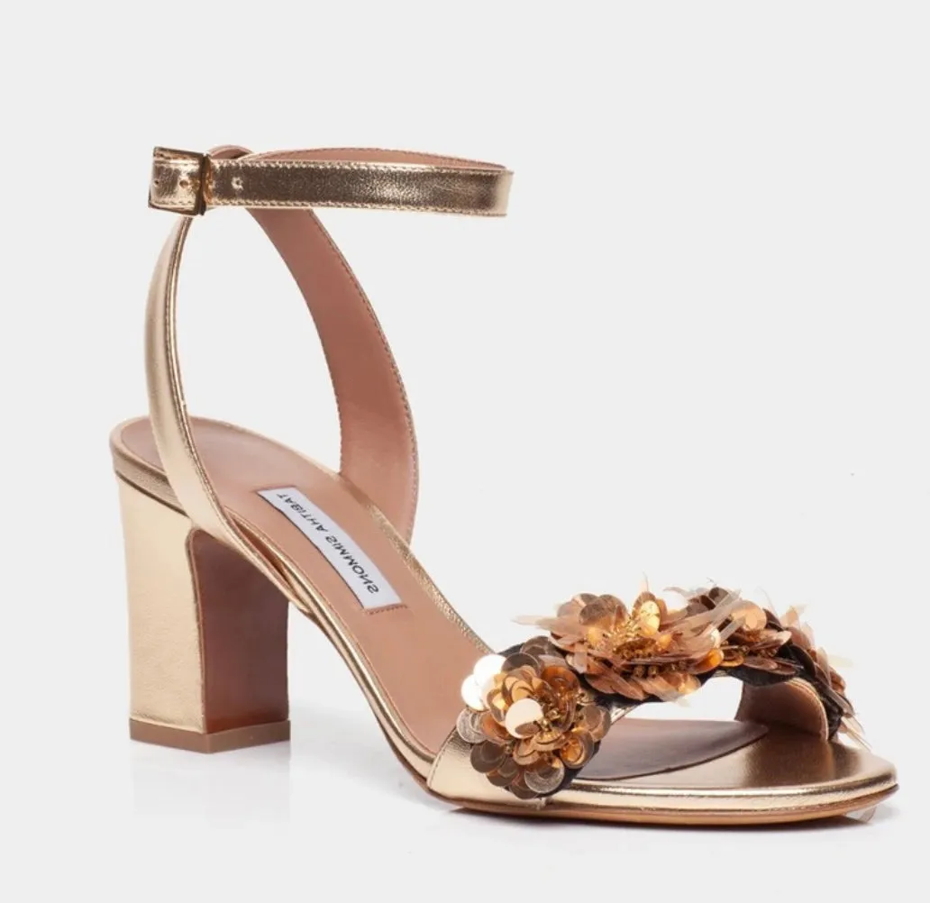 Tabitha Simmons Lilian Gold Metallic Nappa Block Heel Sandal