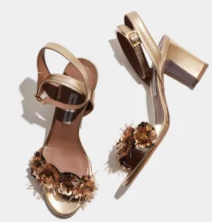 Tabitha Simmons Lilian Gold Metallic Nappa Block Heel Sandal