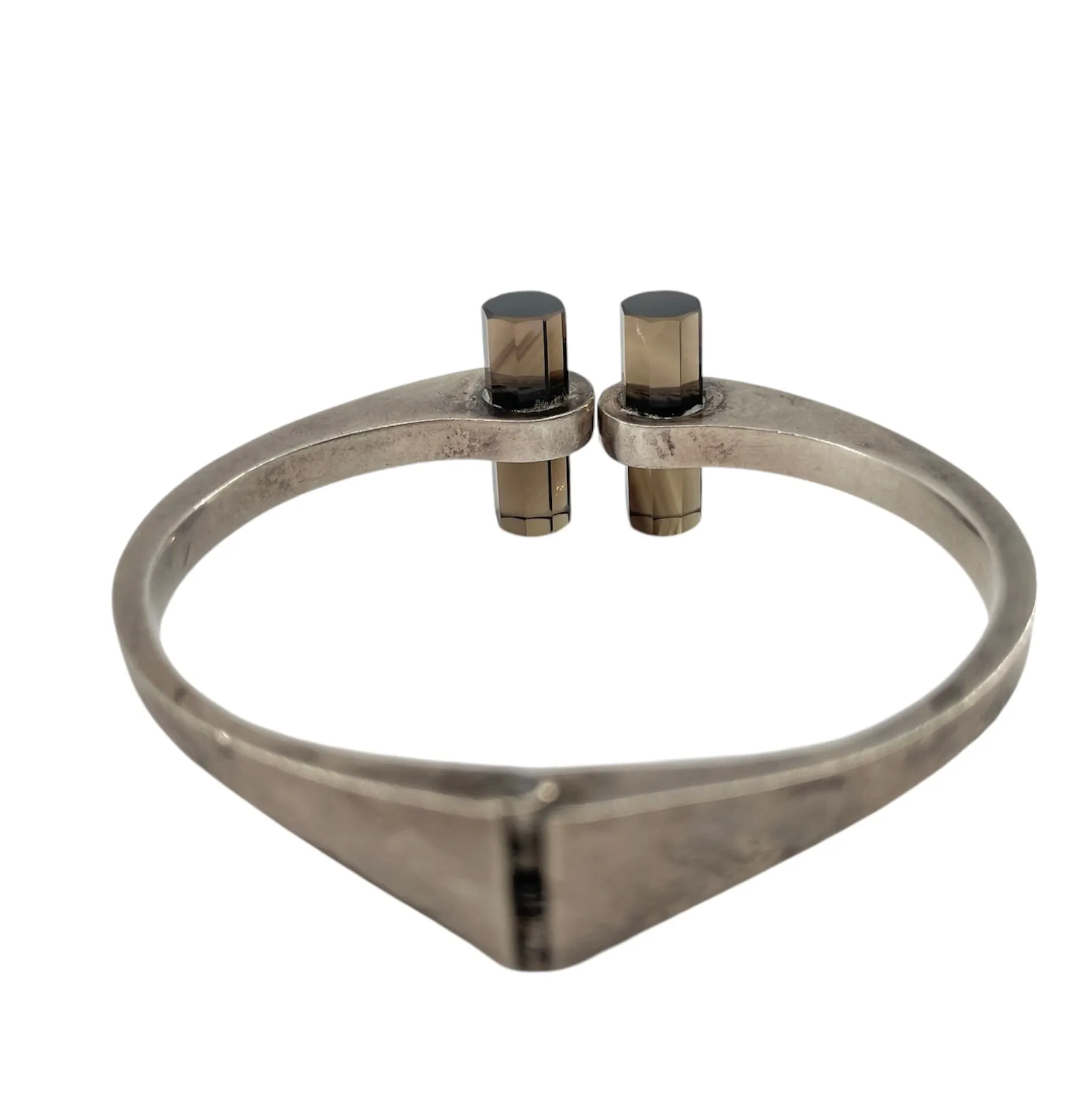 TAXCO Mexican 70s Sterling Silver & Smoky Quartz Hinged Cuff