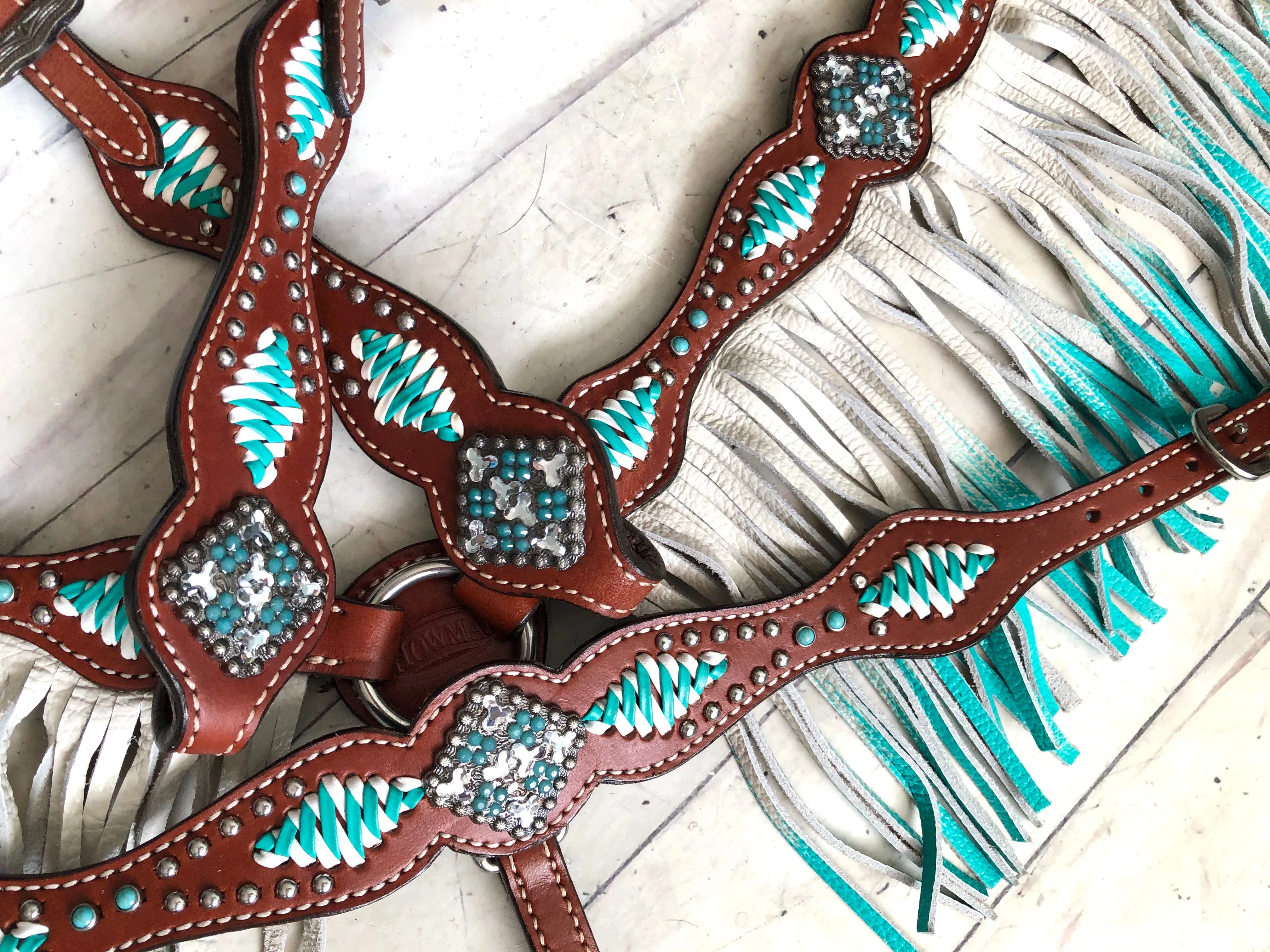 Turquoise and White Cross Stitch Leather Ombre Fringe Tack Set