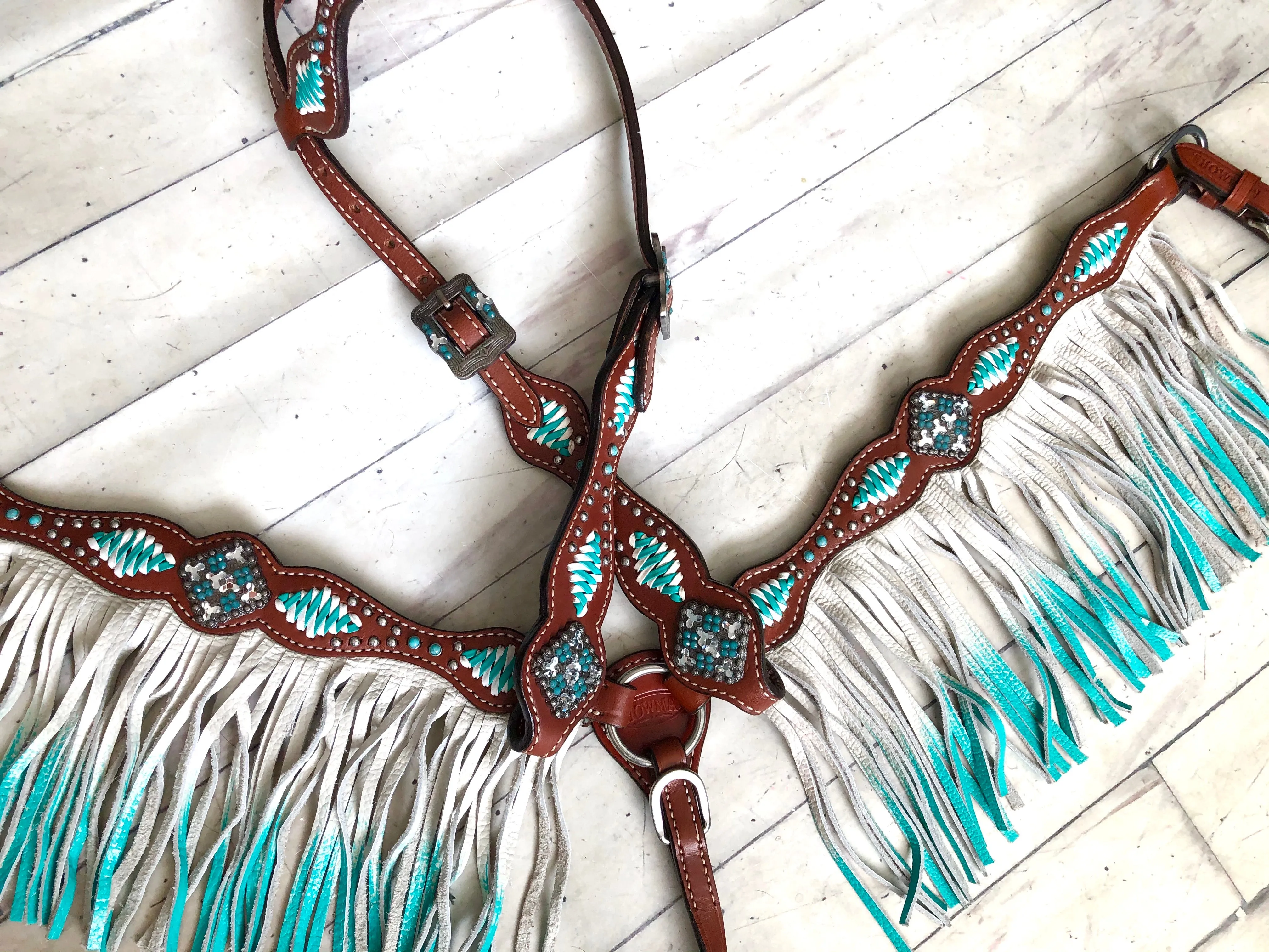 Turquoise and White Cross Stitch Leather Ombre Fringe Tack Set