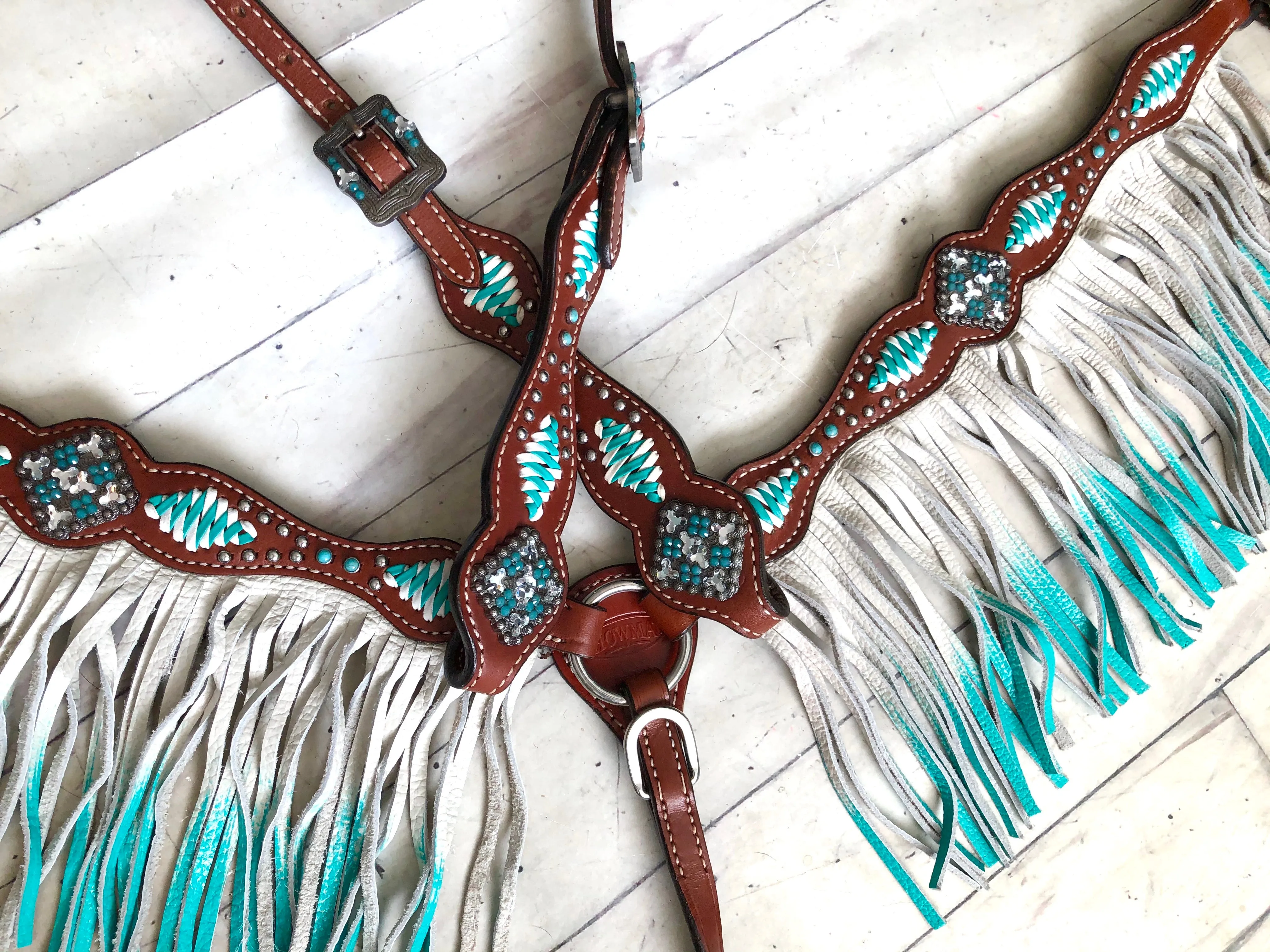 Turquoise and White Cross Stitch Leather Ombre Fringe Tack Set