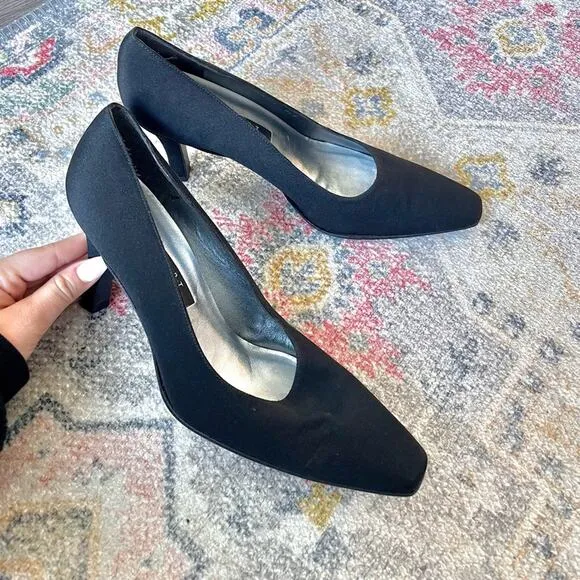 Vintage Stuart Weitzman Black Fabric Square Toe Heels Sz 8.5