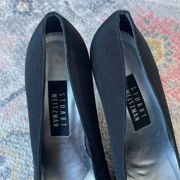 Vintage Stuart Weitzman Black Fabric Square Toe Heels Sz 8.5