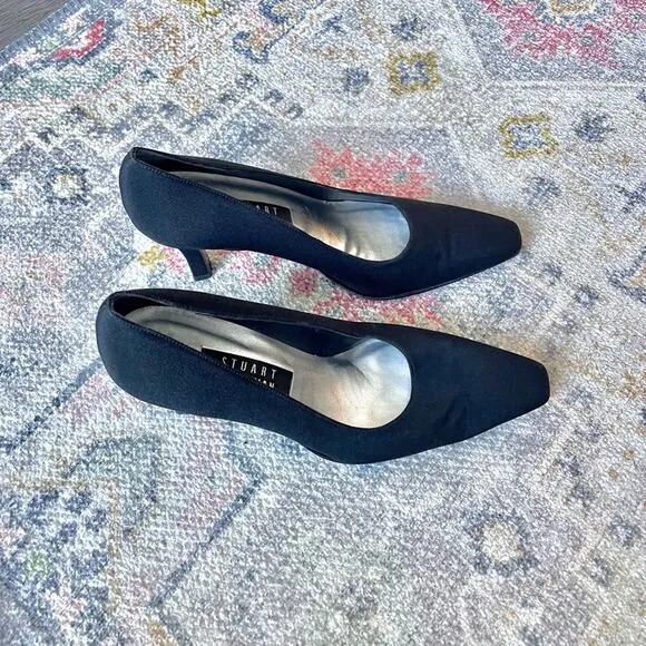 Vintage Stuart Weitzman Black Fabric Square Toe Heels Sz 8.5
