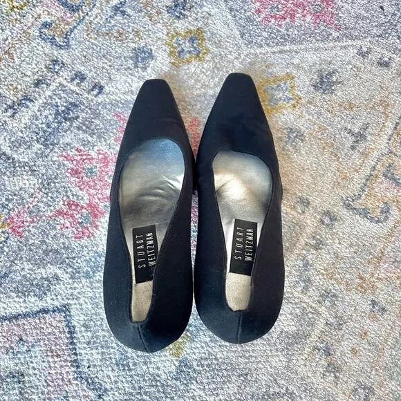 Vintage Stuart Weitzman Black Fabric Square Toe Heels Sz 8.5