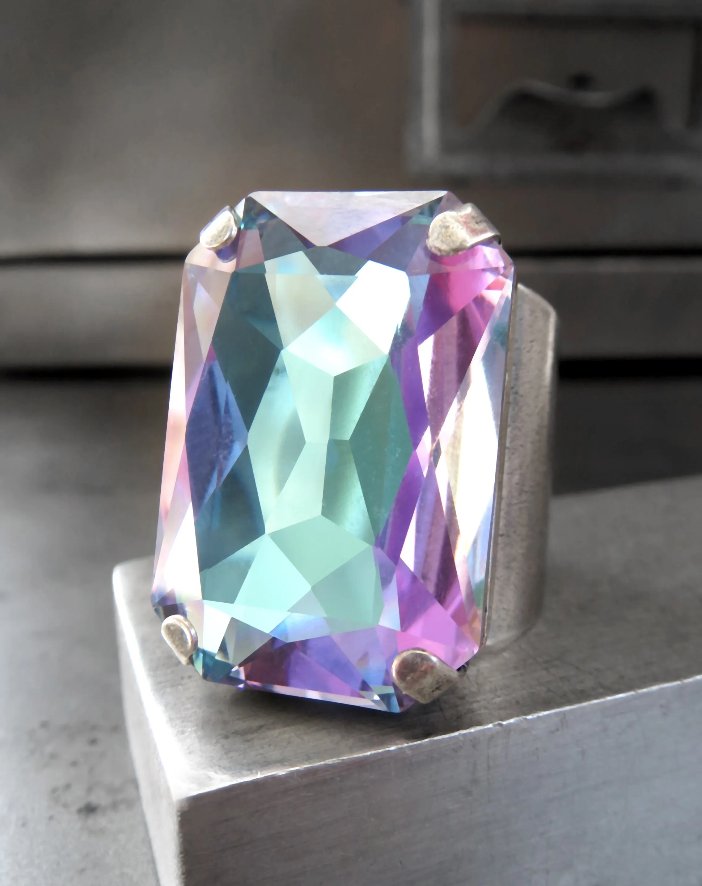WATERCOLOR - Large Crystal Ring in Romantic Pastels