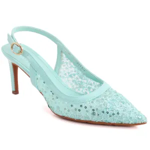 Women “ELDORA” Sling Buckle Strap Closed Toe Sequins Designed Net Stiletto Heel Sandals