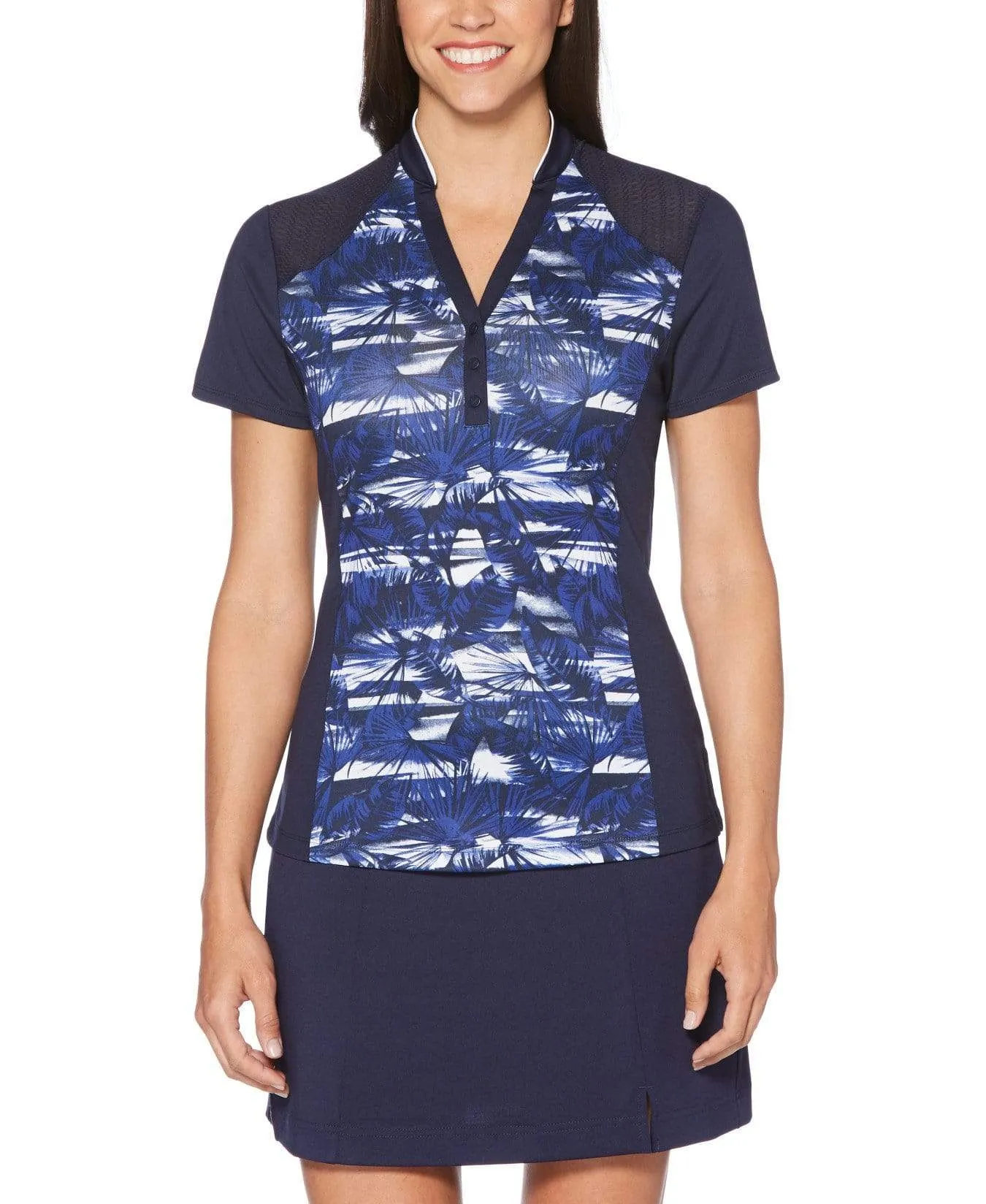 Womens Ventilated Tropical Print Mock Polo